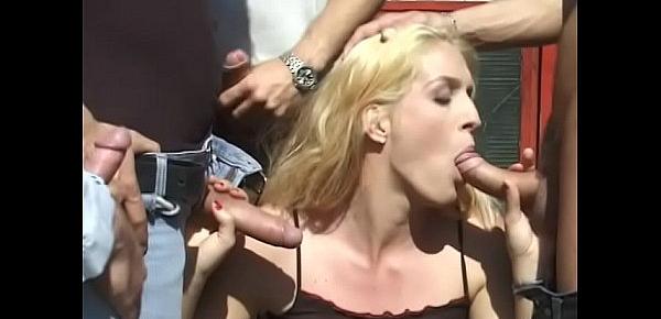  Horny blonde slut gets double penetrated while sucks few dicks
